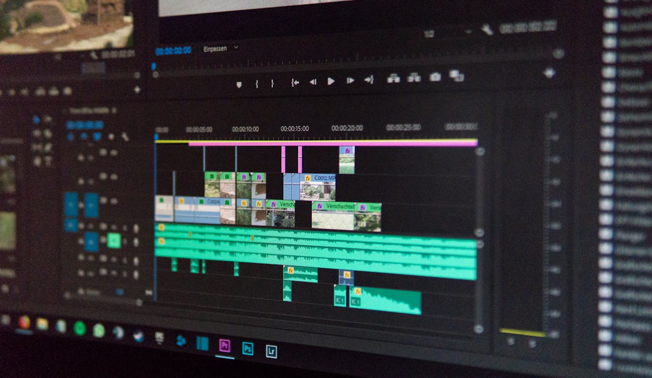 Close-up of a video editing timeline interface on a computer screen, showcasing professional software in action.