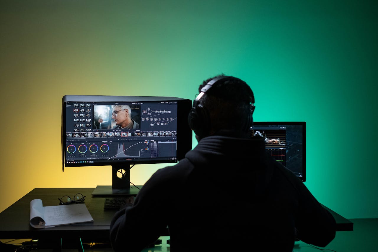 A video editor works on dual monitors with headphones, focusing on color correction.